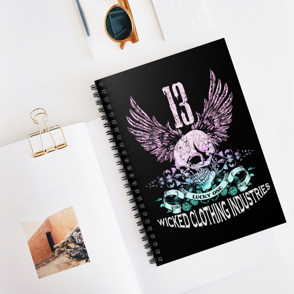 13 /Lucky Day/ Teal Rose / Black Spiral Notebook - Ruled Line