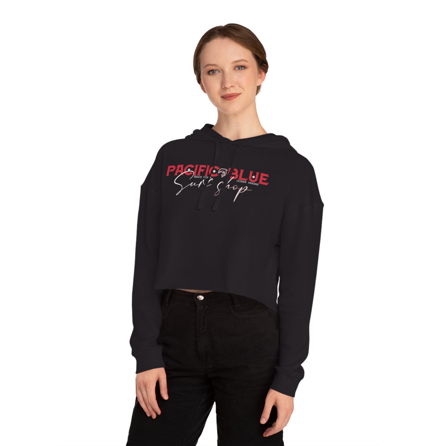 Beach Vibes, Ocean Dreams Surfing on Back Red and White 3/ Pacific Blue Surf Shop/ WCI Women’s Cropped Hoodie