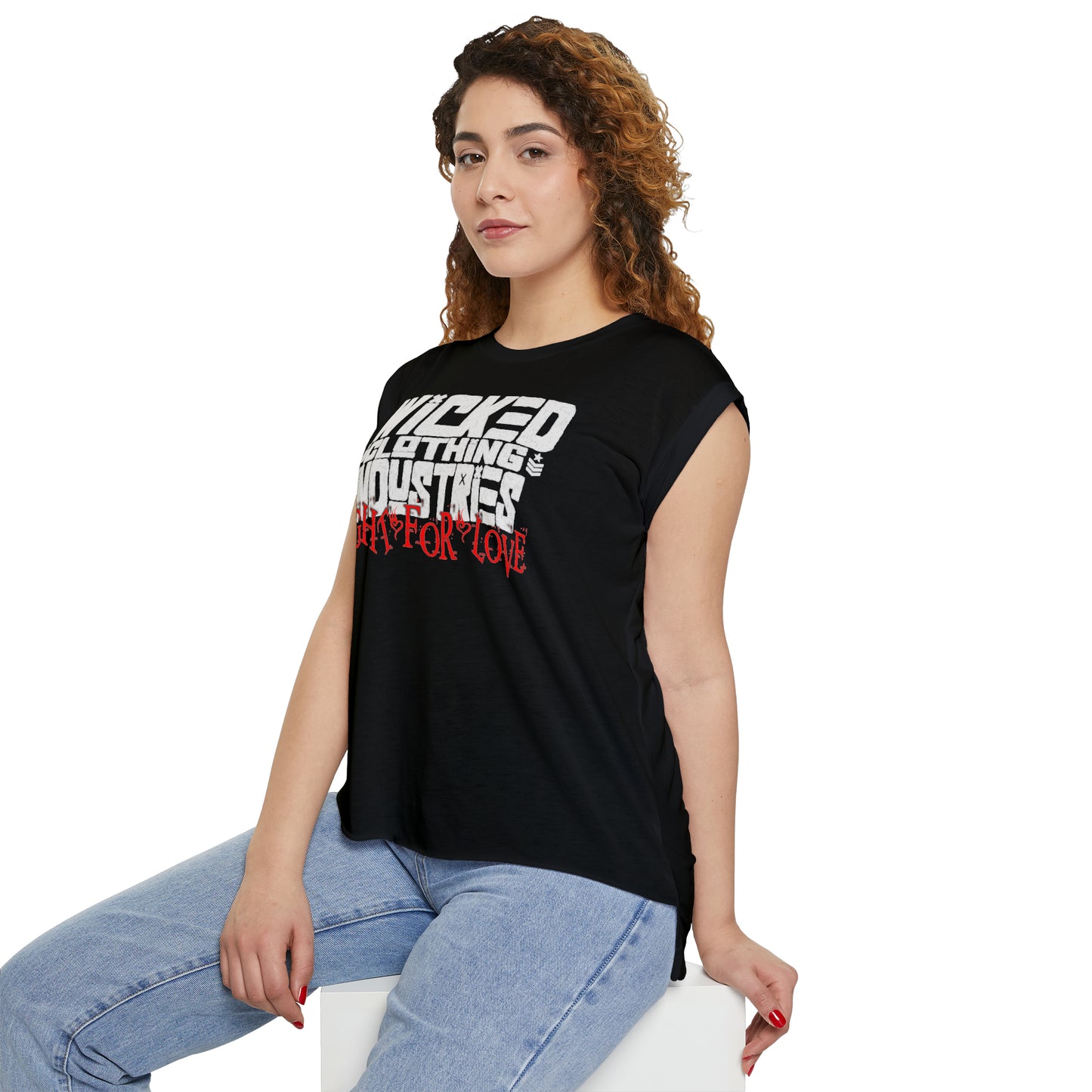 Fight For Love White with Red  Flowy Rolled Cuffs Muscle Tee