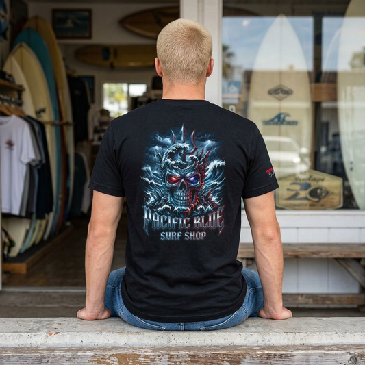 The "Titan" Chrome Skull Tee - Pacific Blue Surf Shop/ Cotton Crew Tee/WCI