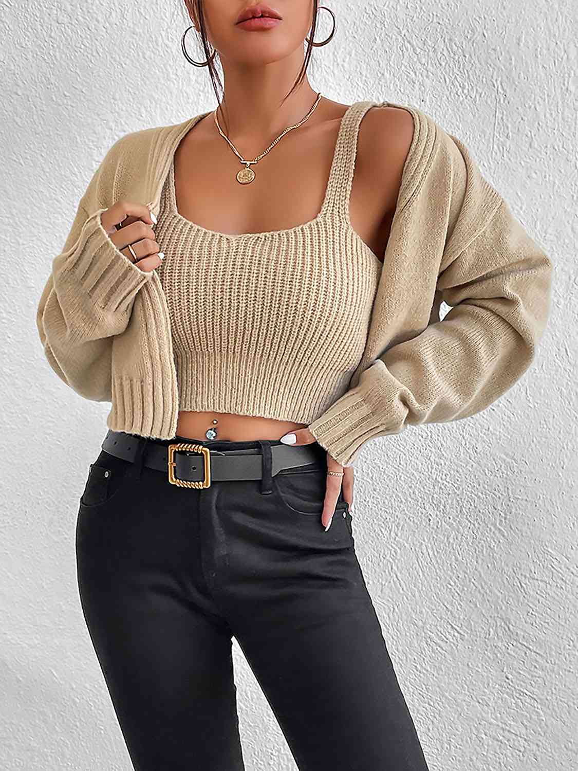 Plain Sweater Cami and Cardigan Set