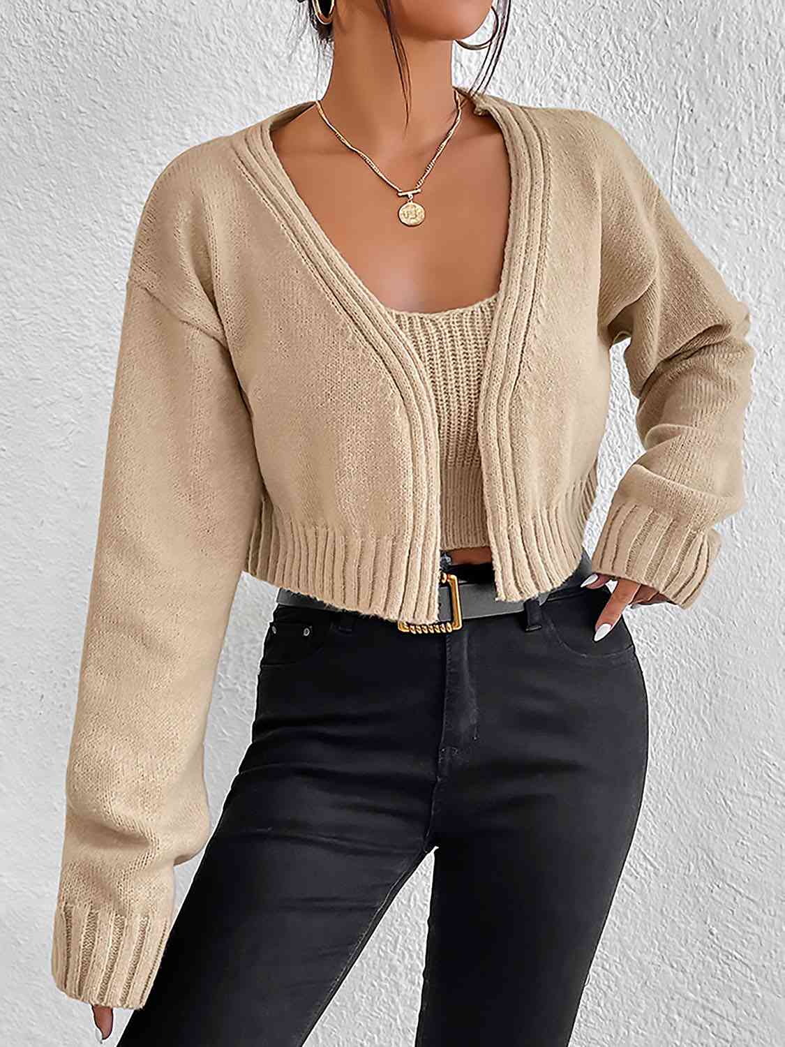 Plain Sweater Cami and Cardigan Set