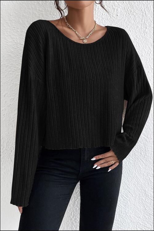 Ribbed Round Neck Drop Shoulder Long Sleeve Top