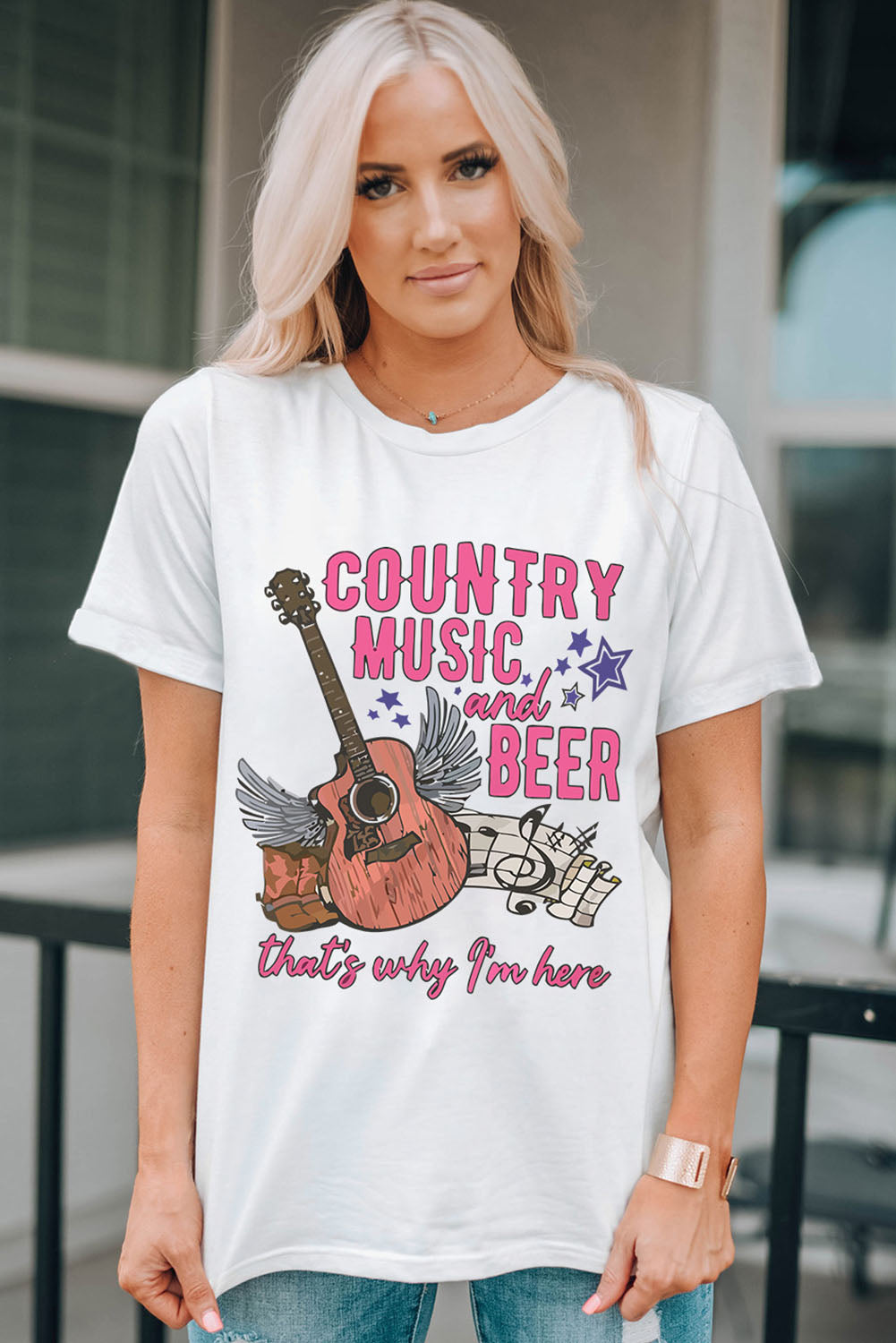 COUNTRY MUSIC & BEER Round Neck Tee