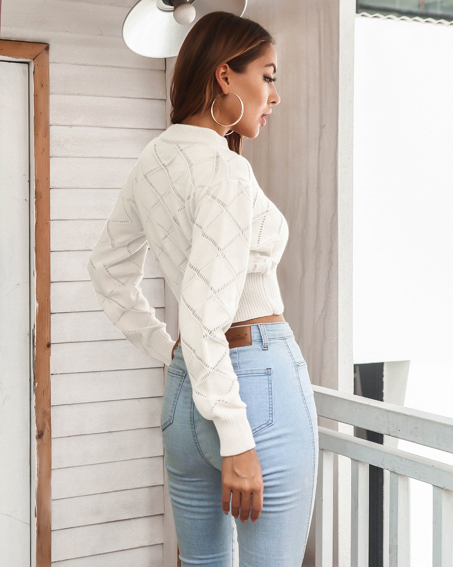 Openwork Ribbed Trim Long Sleeve Cropped Sweater