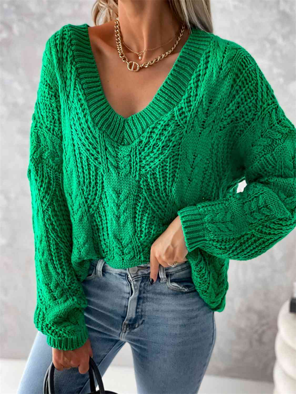 V-Neck Cable-Knit Long Sleeve Sweater