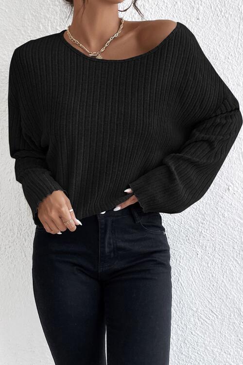 Ribbed Round Neck Drop Shoulder Long Sleeve Top