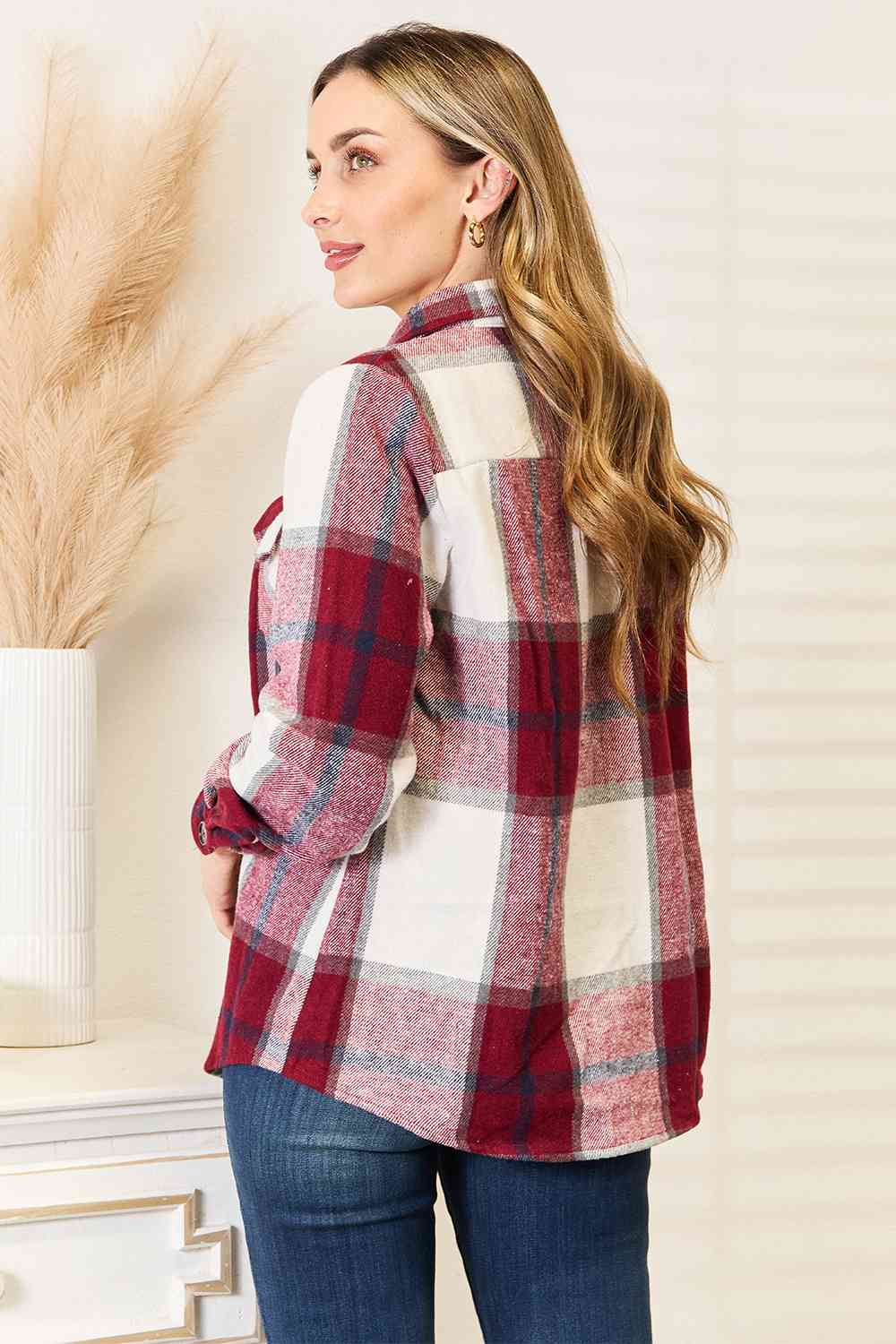 Double Take Plaid Button Up Flannel Shirt Jacket